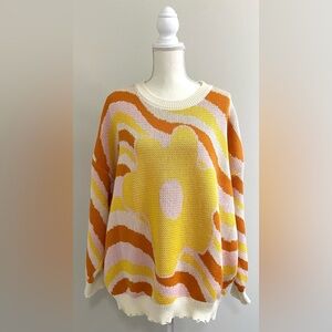 Simply Southern Womens XL Orange/Pink/Yellow/Cream Groovy Flower Sweater Preppy